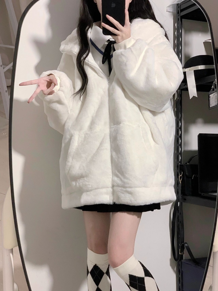 Imitation rabbit fur cardigan jacket for women in winter lamb plush versatile loose hooded cute furry cotton coat