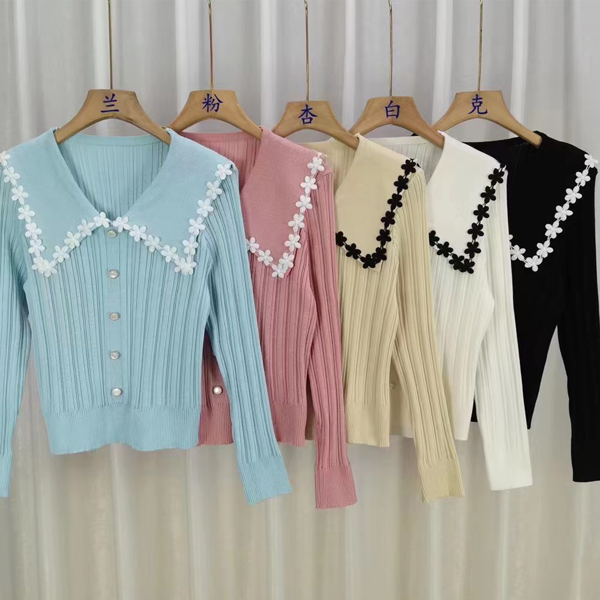 Quality inspector picture 2023 autumn embroidered doll collar long-sleeved knitted bottoming shirt for women with small fresh sweater top