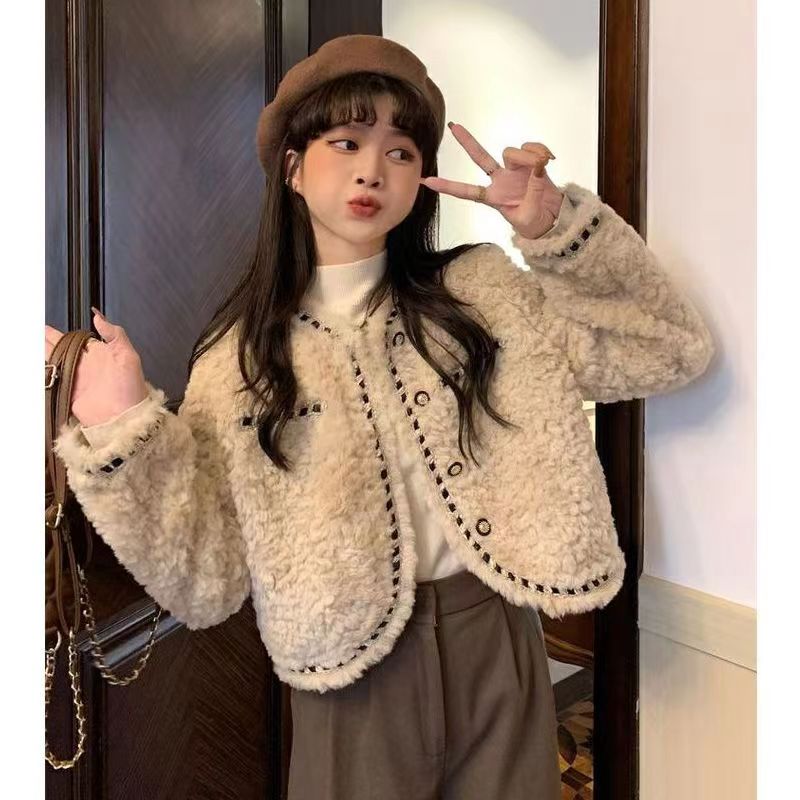 小香風仿羊羔毛毛短外套女秋冬季新款小個子寬鬆保暖加厚毛絨上衣