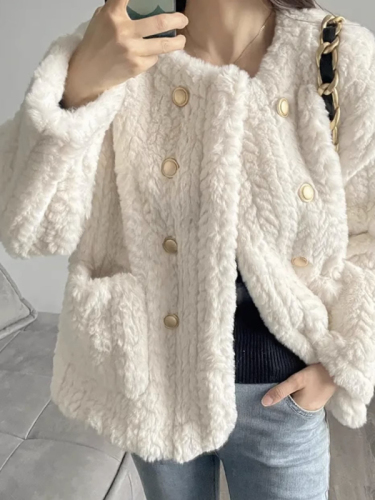 Lamb wool coat for women  winter small fragrant style loose thickened plush white fur top cotton coat