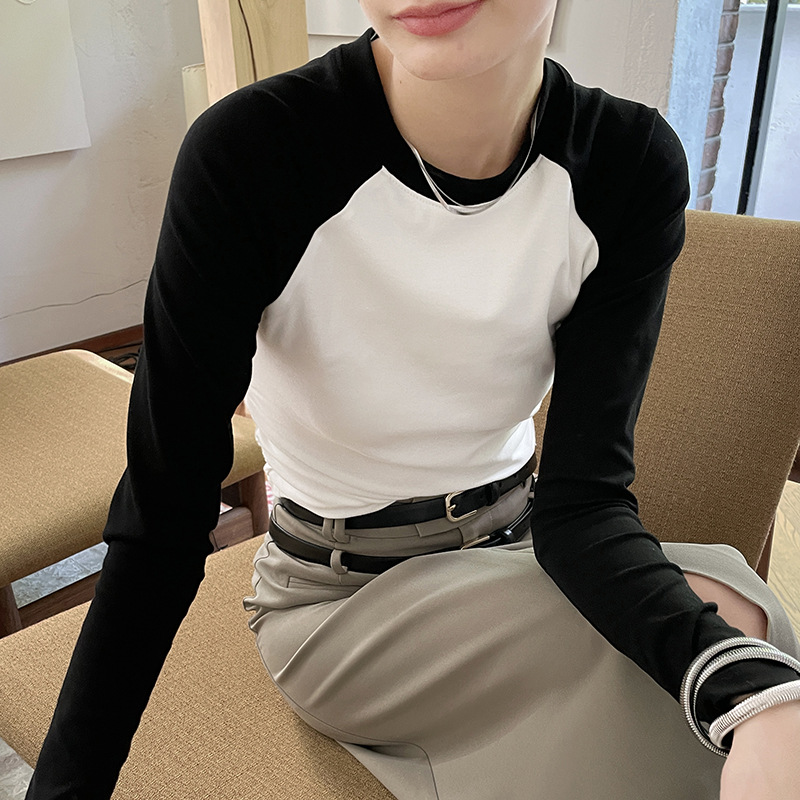 美式復古插肩長袖T恤女秋季正肩內搭打底衫修身顯瘦甜辣緊身上衣