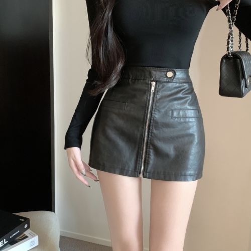 Real shot of retro distressed zipper PU leather skirt autumn and winter women's hottie high waist fake pocket hip short skirt for women