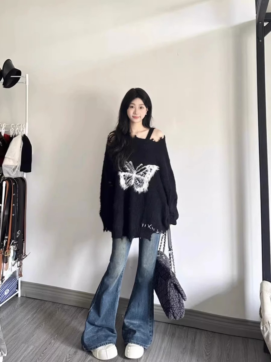 2023年新款毛絨蝴蝶結慵懶風毛衣女寬鬆秋冬設計感破洞針織衫上衣