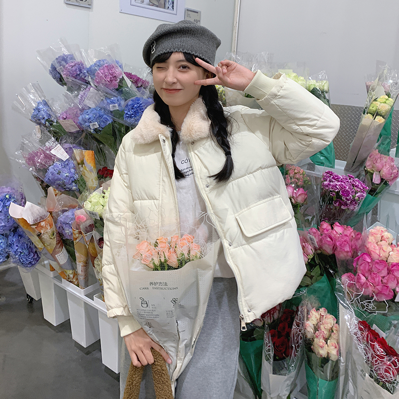 實拍2023秋冬新款韓版女裝毛毛領大口袋短款加厚純色棉衣棉服