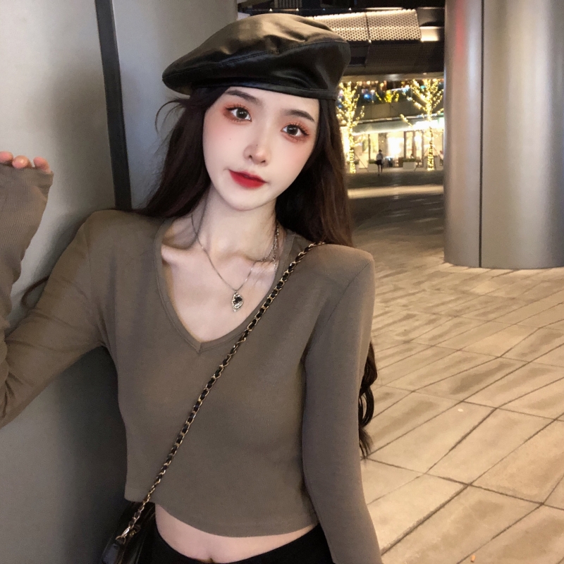 實拍 德絨 高腰短款V領打底衫女秋冬辣妹性感修身顯瘦長袖T恤女