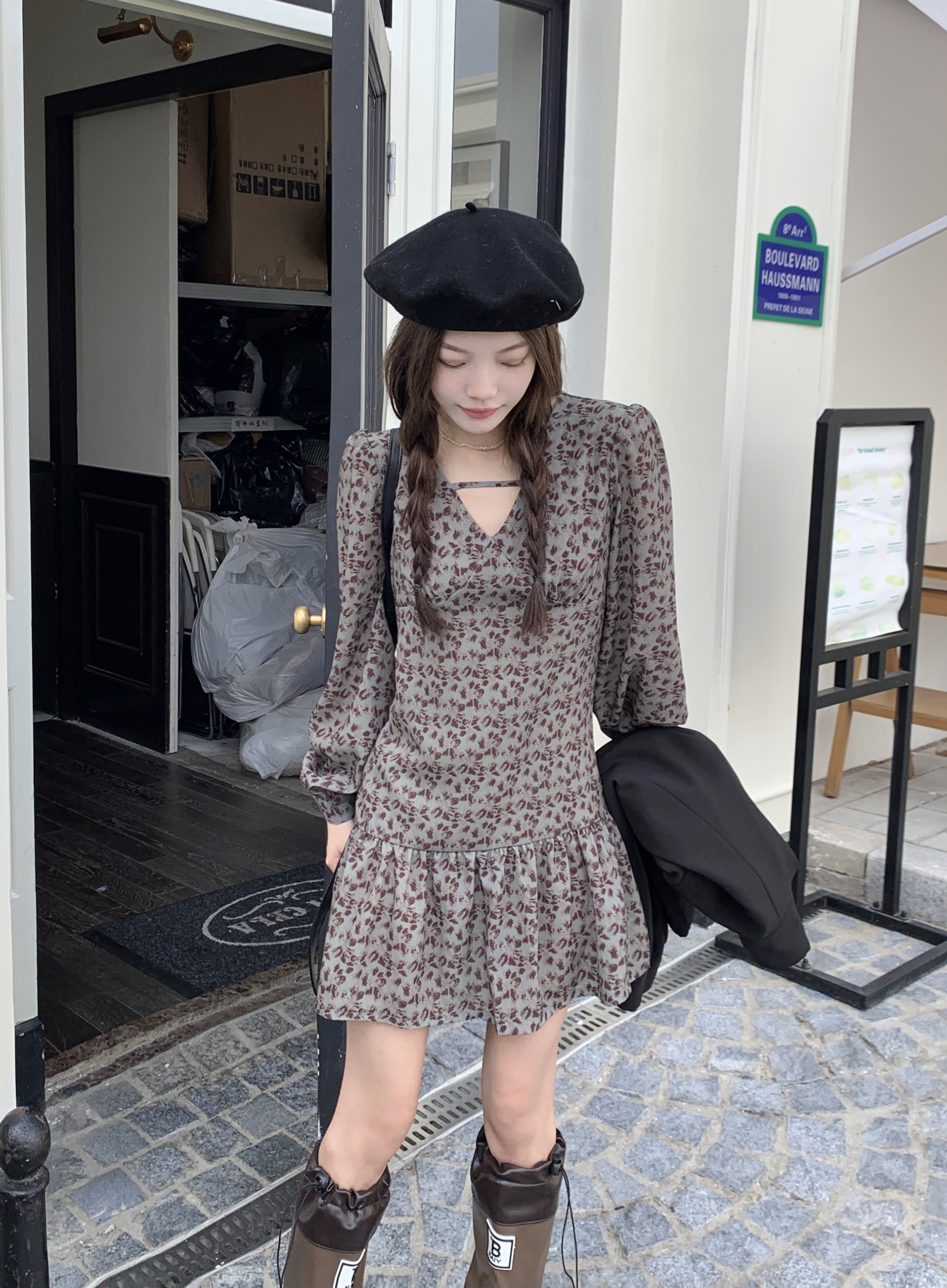 實拍 秋冬內搭長袖顯瘦修身裙子莫奈油畫肌理復古連衣裙