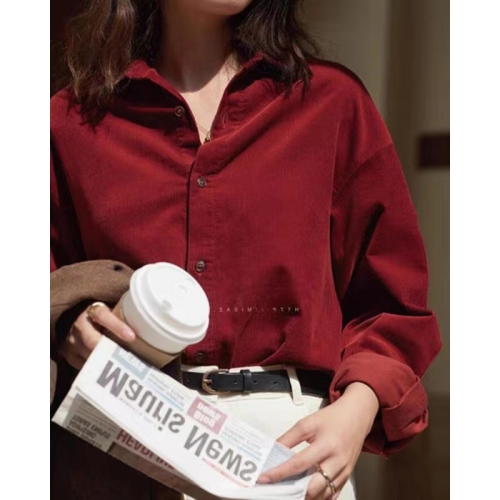 Retro Hong Kong style casual long-sleeved shirt women's design niche loose layered top red brushed shirt jacket