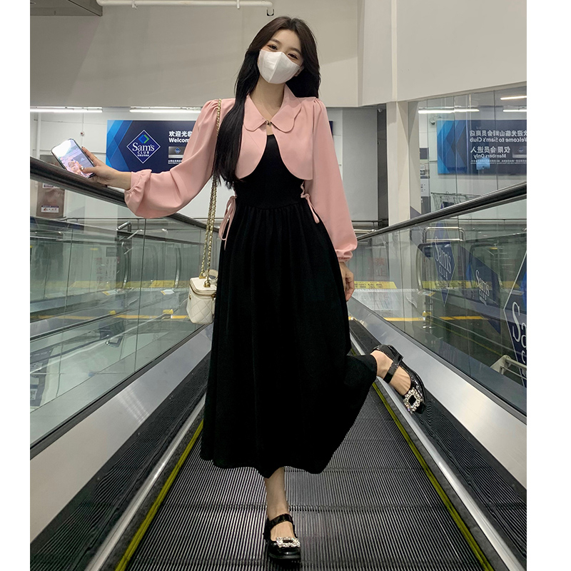 官圖兩件套 大碼法式連衣裙女顯瘦氣質粉色上衣外套+綁帶長裙