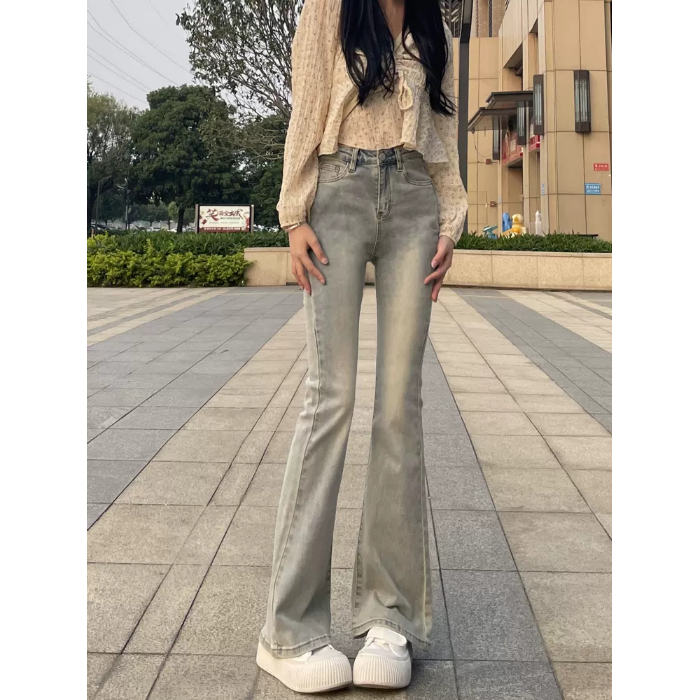 美式黃泥染微喇牛仔褲女2023新高腰高個子拖地做舊復古淺色