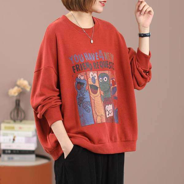 2023 new autumn clothing Korean style loose large size slimming cartoon print round neck sweatshirt for women