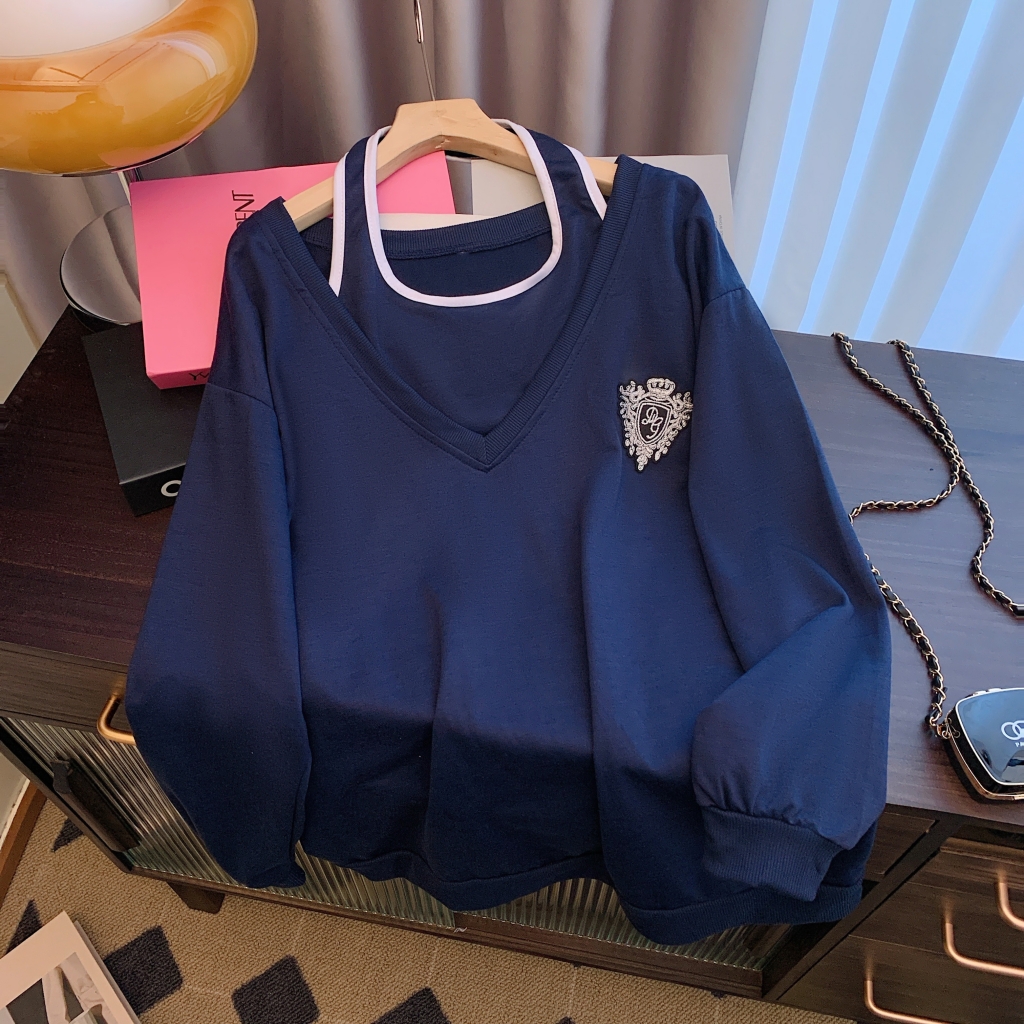 實拍   6535魚鱗 秋裝v領衛衣套裝長袖吊帶兩件套