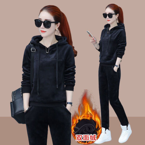 Thickened velvet gold velvet casual sports suit for women autumn and winter new loose hooded sweatshirt two-piece set