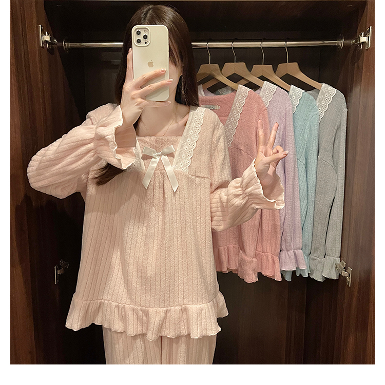 Real shot of plus size women's autumn and winter women's pajamas coral velvet princess style lace lace loungewear pullover set