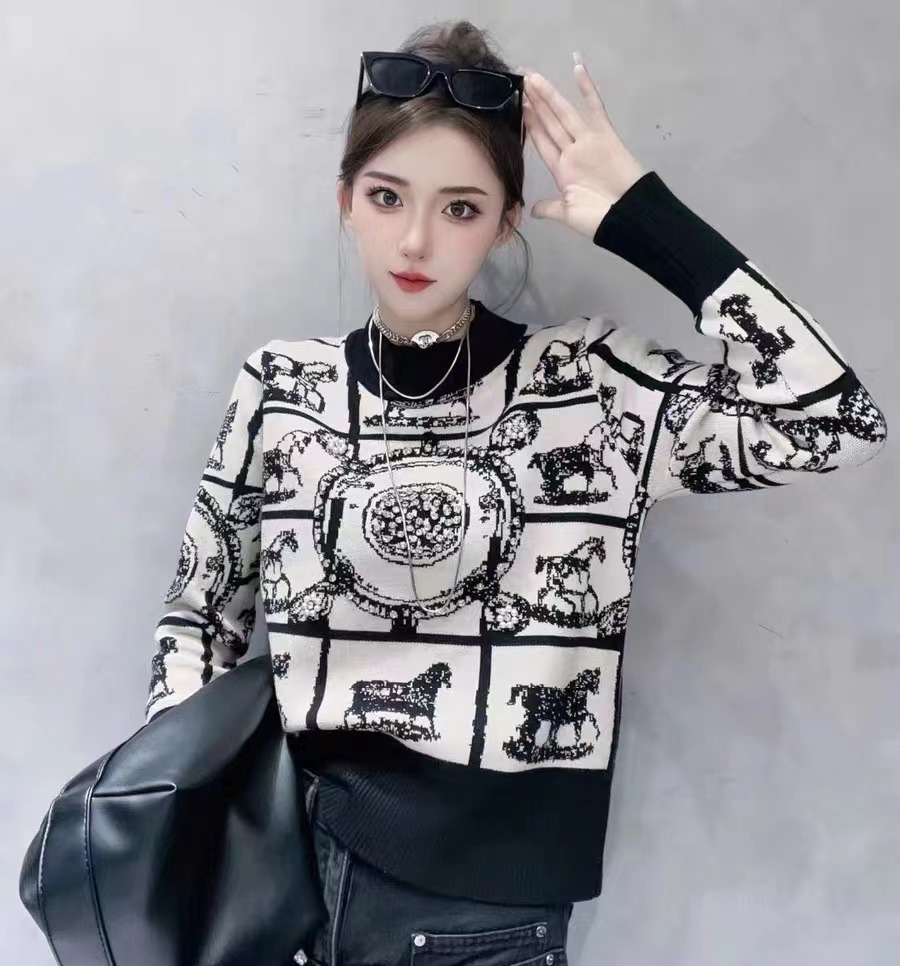 歐貨重工釘珠毛衣輕奢小碼印花圓領長袖針織衫上衣秋冬季新款顯瘦