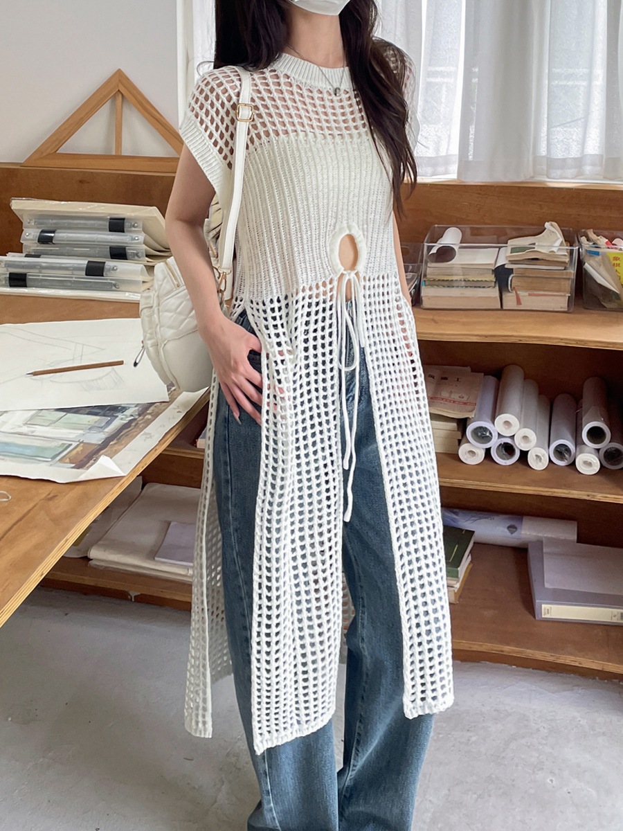 韓系復古中長款開叉網格針織罩衫女夏季寬鬆設計感無袖鏤空背心裙