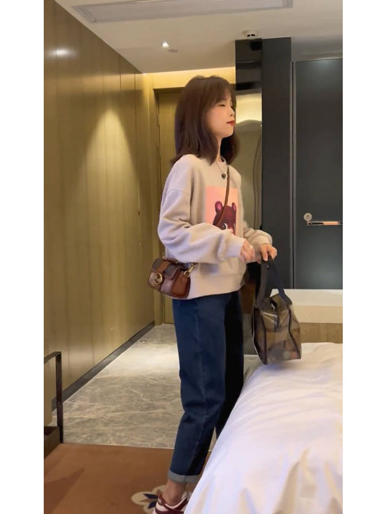 純棉複合 小個子短款衛衣女秋冬裝寬鬆慵懶風長袖圓領上衣