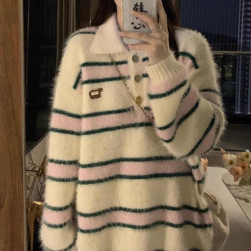 Polo領美式復古水貂絨條紋毛衣女春裝慵懶風oversize針織上衣冬季