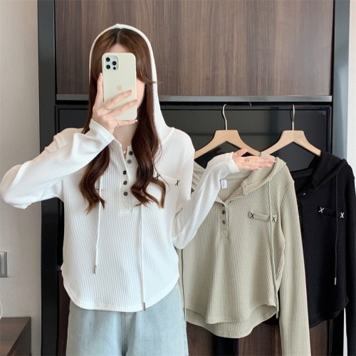 Large size autumn new design fashion casual hooded long-sleeved T-shirt for women with fat mm belly covering and slimming western style top