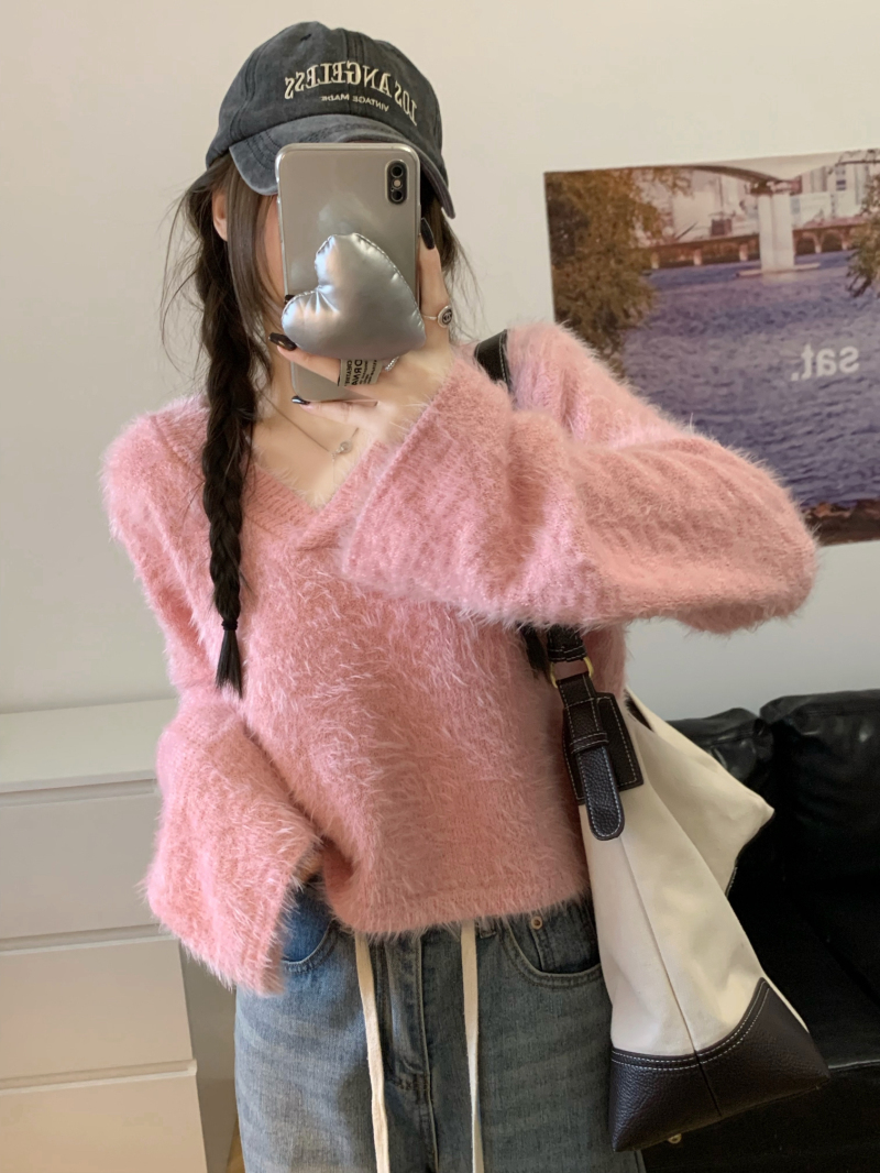 實拍~秋冬新款溫柔V領水貂絨軟糯寬鬆保暖氣質毛衣