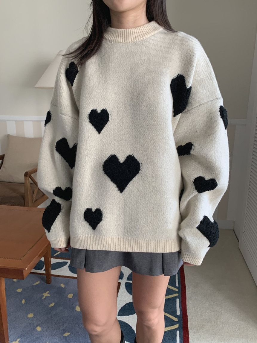 INS韓國東大門~少女感愛心提花撞色小眾設計圓領寬鬆慵懶毛衣外套