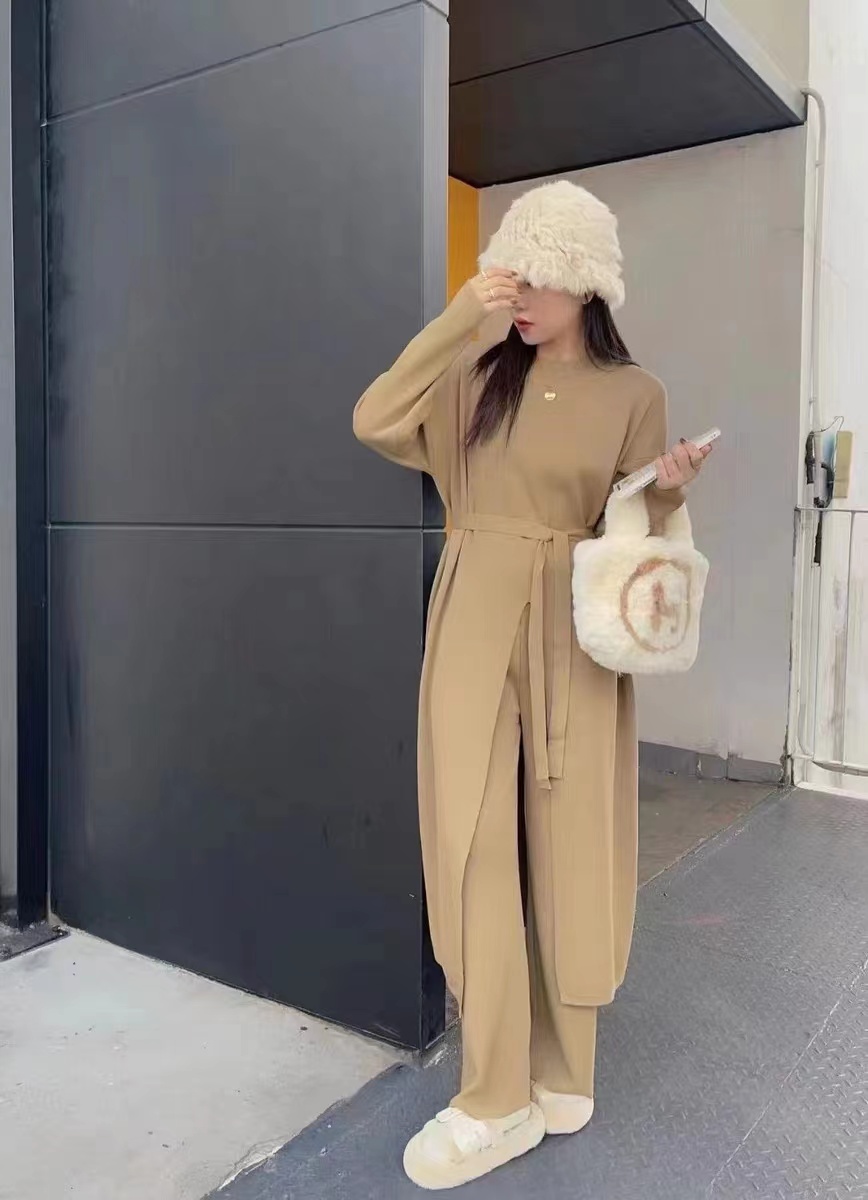 2023 spring new high-end solid color loose long top with slits and temperament wide-leg pants and belt two-piece set for women