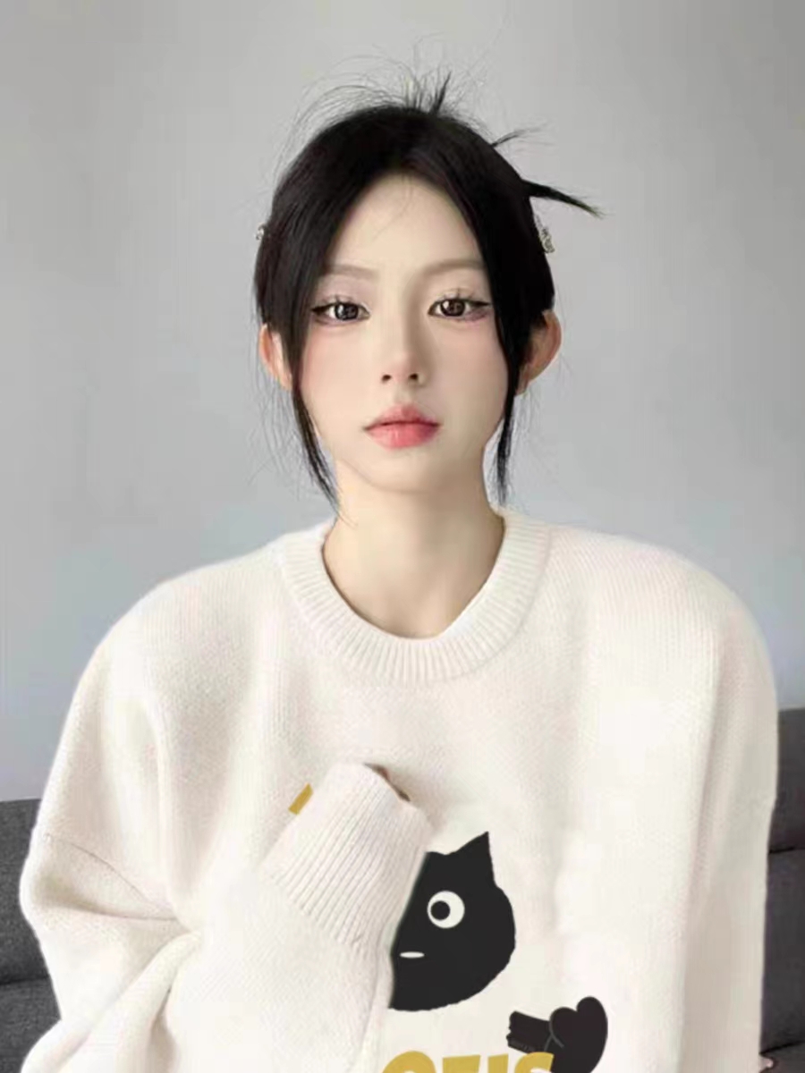 綿羊絨 小個子卡通印花毛衣女秋冬慵懶風小眾設計感寬鬆上衣