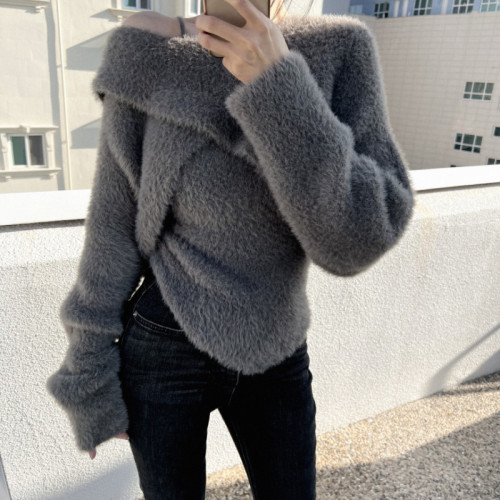 韩国秋季新品chic仿貂毛针织毛衣修身两件套装