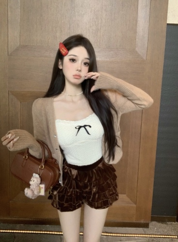 Mohair knitted cardigan women's sweater jacket + white suspender women's slim inner top set