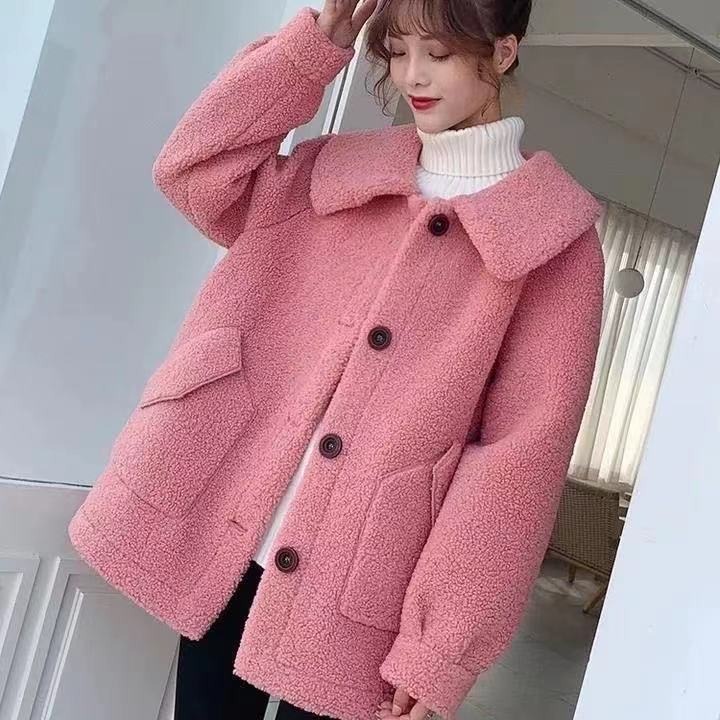 加厚仿羊羔毛一體方領外時尚外套女秋冬裝大碼單排扣寬鬆女士大衣