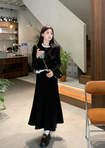 Actual shot of Korean chic high-definition French style splicing design long-sleeved jacket + skirt suit