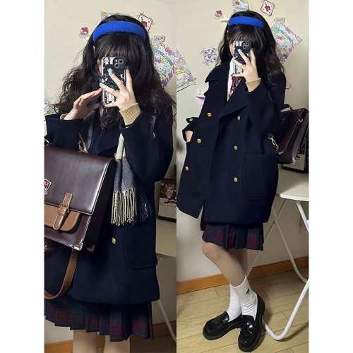 Small medium-length woolen coat autumn and winter women's double-breasted JK uniform college style