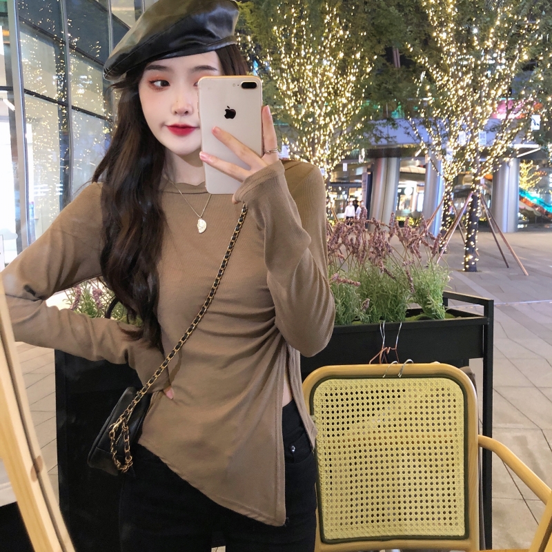 實拍 德絨 設計感小眾開叉打底衫女磨毛長袖T恤修身顯瘦女潮秋冬