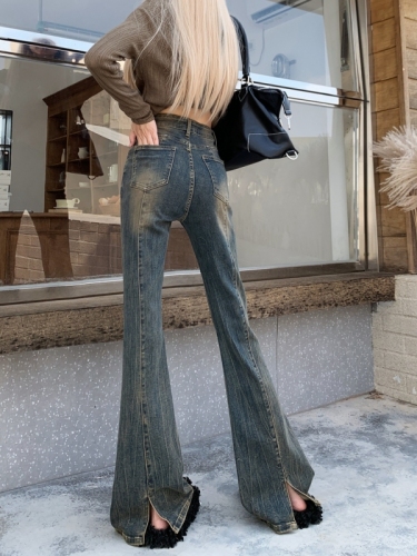 Actual shot #New slim fit stretch denim trousers for women with design micro-flared floor-length trousers