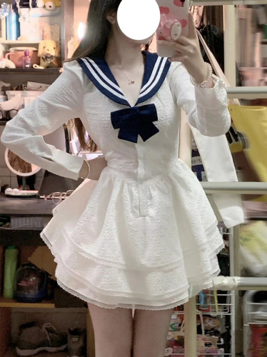 Women's  new French first love sweet college style jk navy collar bow white dress spring and autumn