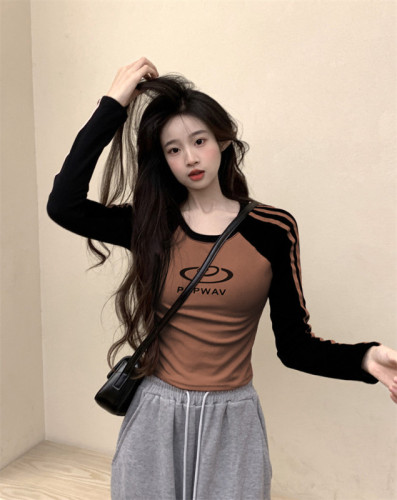 Real shot American retro basic style slim fit elastic contrast raglan all-match tight long-sleeved bottoming shirt T-shirt for women