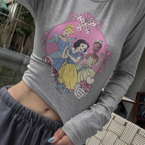 韩国秋冬少女卡通 白雪公主印花垫肩长袖短款修身T恤上衣打底衫