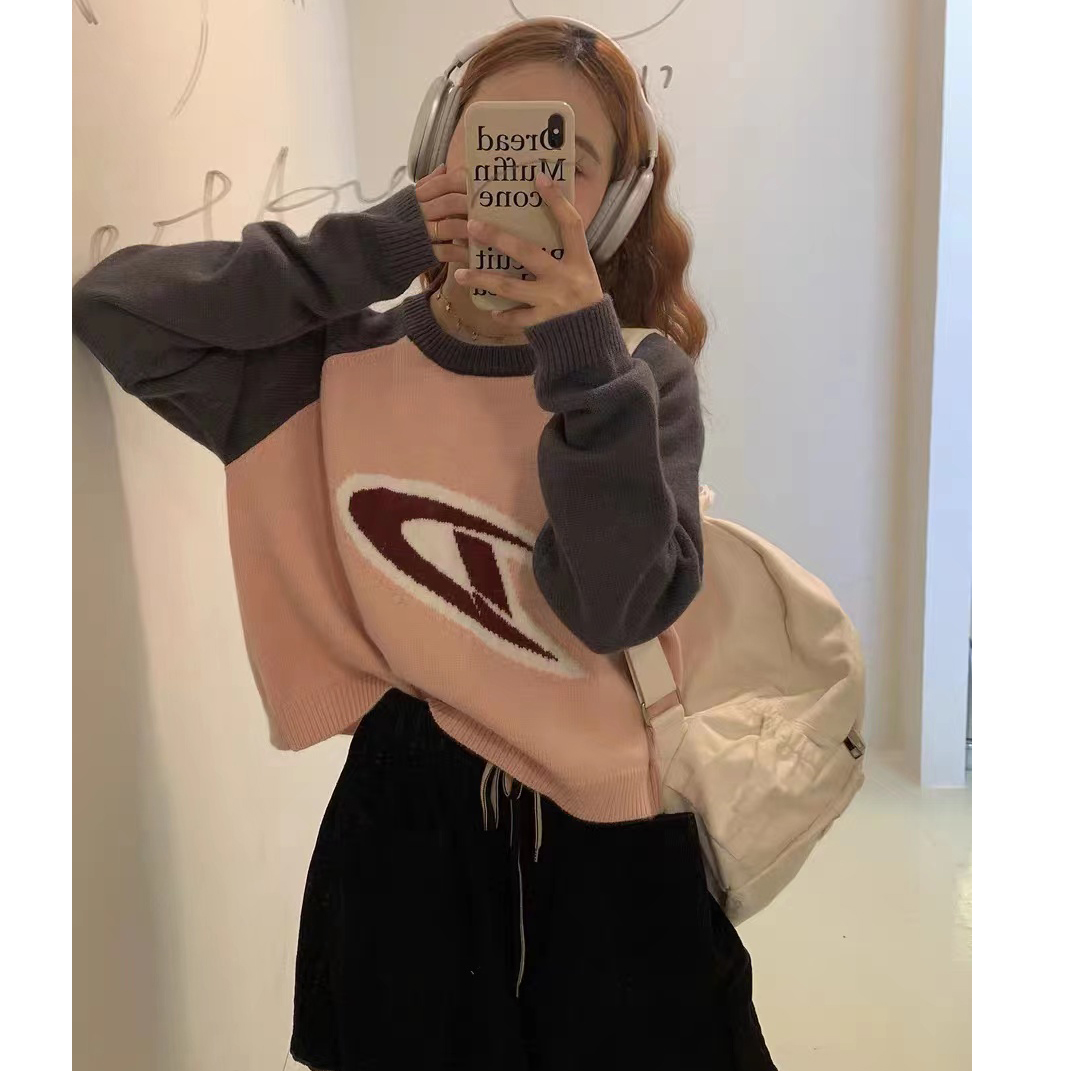 Halogen lulu American style color-blocked short sweater early autumn lazy retro loose top women's design niche long sleeves
