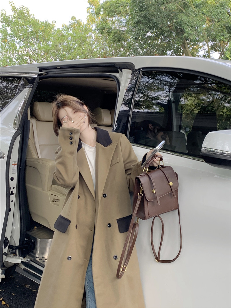 Actual shot of 2023 new high-end loose slimming contrasting color splicing long over-the-knee woolen coat for women
