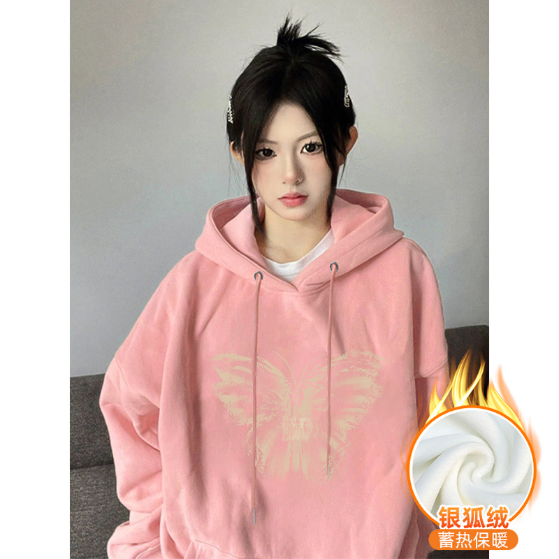 Chinese cotton composite silver fox velvet new autumn and winter loose hooded sweatshirt for women