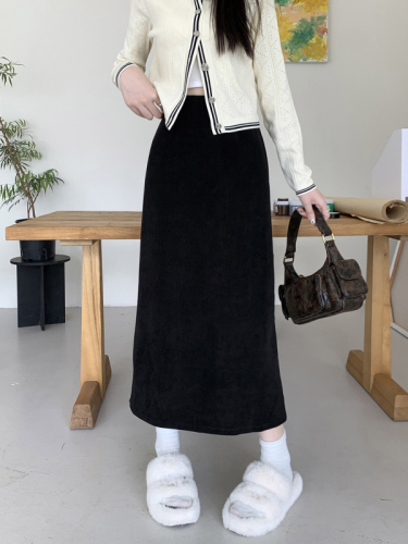 Actual shot ~ New autumn and winter thickened corduroy slit mid-length skirt for women with high waist and slimming skirt