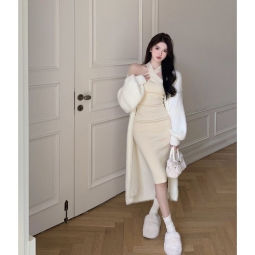 Halterneck suspender knitted dress for women autumn and winter  new style gentle cardigan sweater jacket hip skirt two-piece set
