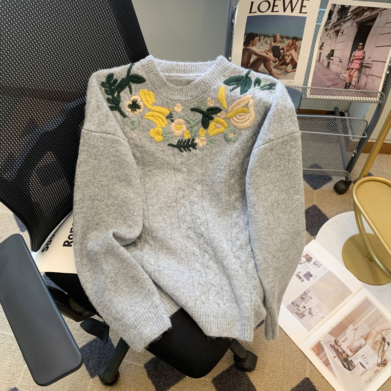 美式復古文藝刺繡套頭毛衣女2023秋季新款慵懶風毛衣外穿