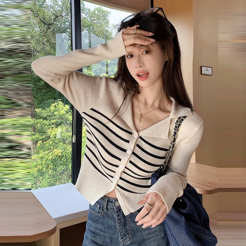 Polo領條紋針織開衫女2023新款秋季胖MM顯瘦內搭打底長袖上衣