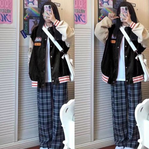 Corduroy jacket 2023 spring and autumn new style design color matching thin loose and versatile long-sleeved baseball uniform top for women
