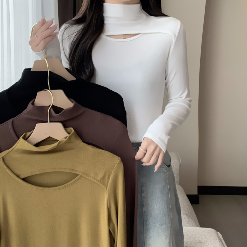 Actual shot of ammonia velvet half turtleneck hollow bottoming shirt women's long-sleeved T-shirt brushed design autumn and winter clothing