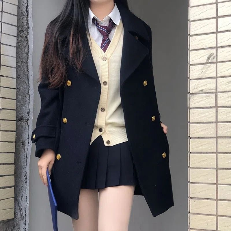 Small medium-length woolen coat autumn and winter women's double-breasted JK uniform college style