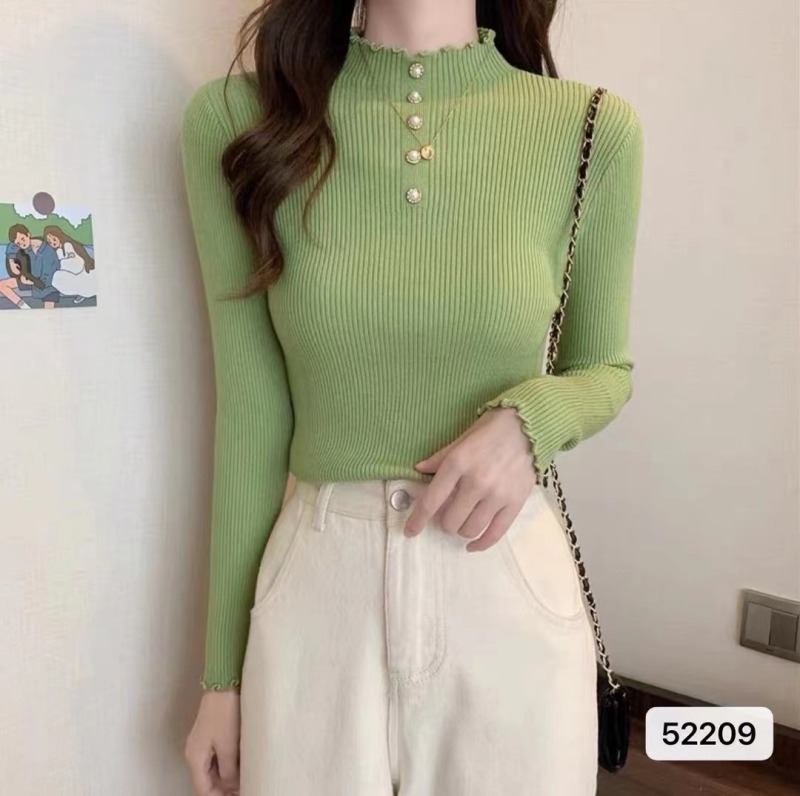 秋季新款韓版氣質優雅半高領木耳邊修身長袖上衣女
