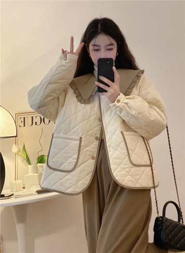 Real shot of autumn and winter new splicing contrasting color loose and slim rhombus doll collar coat thickened warm cotton coat for women