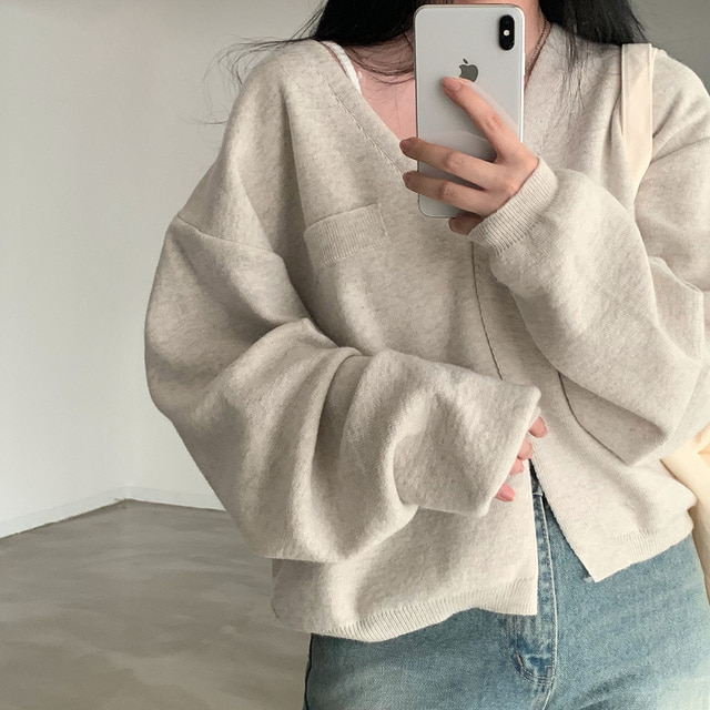 Actual shot of large size Korean style autumn and winter lazy loose hidden button fake bag v-neck sweater cardigan versatile simple jacket solid color