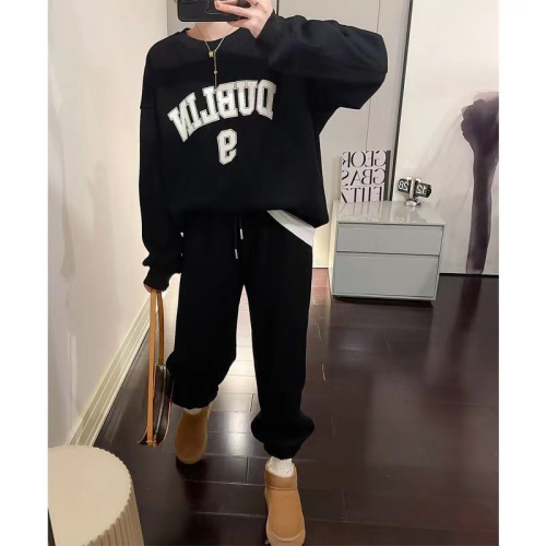 Casual sports suit for women spring and autumn 2023 new fashionable style plus velvet round neck sweatshirt and leggings pants two-piece set